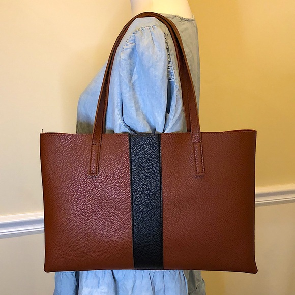 VINCE CAMUTO Tumbled Brown Black Stripe Vegan Leather File Briefcase Tote Bag - Picture 8 of 15